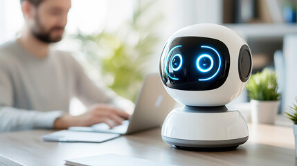 AI robot as digital assistant for man working on laptop at desk in home office