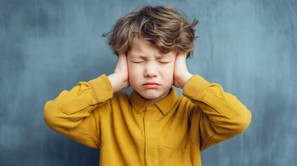 Frustrated stubborn sulky boy child covering ears and refusing to listen
