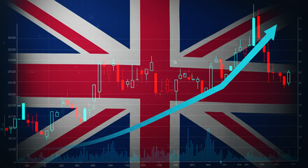 Stock market chart with upward arrow overlayed on the united kingdom flag showing economic growth