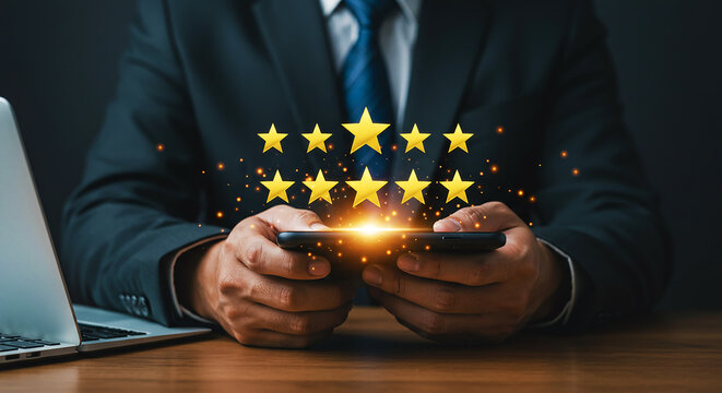 A person in a suit holding a phone with ten golden stars above it near a laptop on a desk