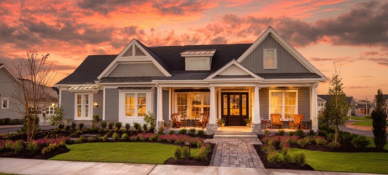 The charming residence with stunning landscaping illuminated by a vibrant sunset.