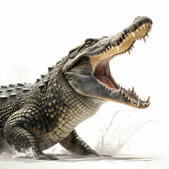 a fierce crocodile with rough scaly skin, powerful jaws, and long tail shown  isolated on white background