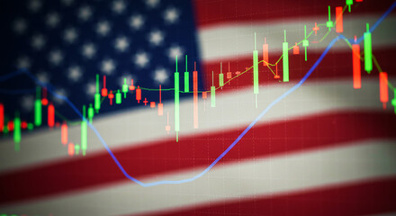 Stock market chart with red and green candlesticks overlaid on a blurred american flag background image