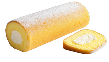 Rolled cake with cream filling, dusted with powdered sugar