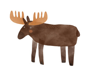 Nursery Vector Art with Cute Moose. Funny Hand Drawn Print with Cartoon of Moose on a White Background. Woodlan Animal. Infantile Drawing-like Funny Buck. 