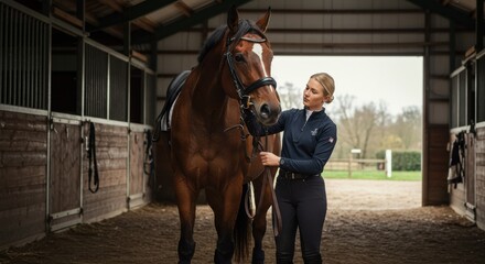 Woman gently grooming a horse in a stable, with sunlight filtering through the open door, creating a serene atmosphere