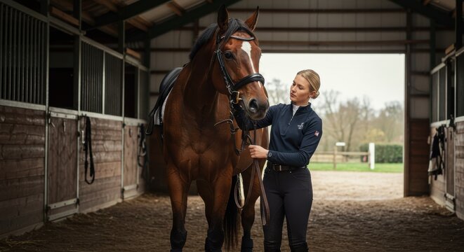 Woman gently grooming a horse in a stable, with sunlight filtering through the open door, creating a serene atmosphere