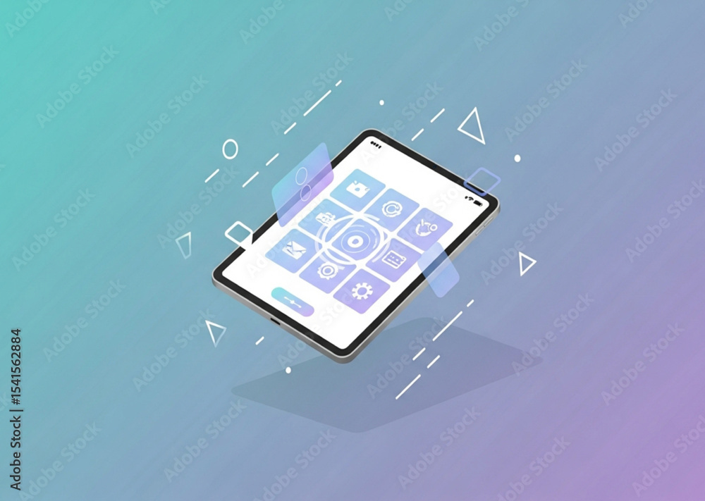 Poster tablet displaying application interface, on abstract gradient background