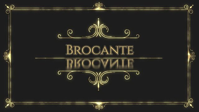 Affiche &eacute;l&eacute;gante "Brocante" avec effet miroir dor&eacute; sur fond noir et cadre ornemental art d&eacute;co &ndash; signal&eacute;tique pour vide-greniers ou march&eacute;s vintage