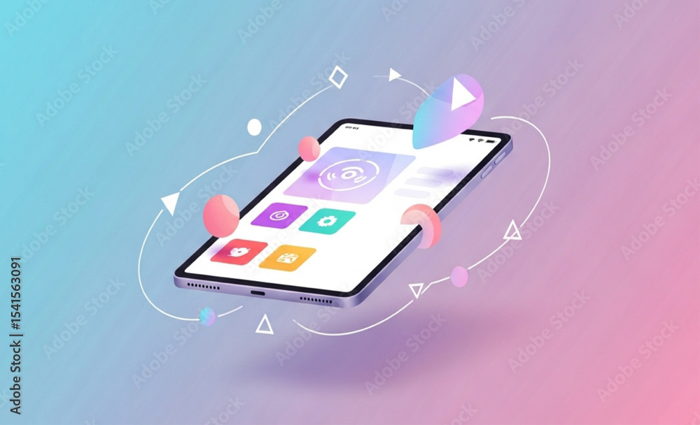 Poster digital tablet displaying app interface on blue and pink gradient background