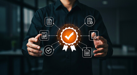 Fototapeta premium Man presenting digital quality assurance seal with checklist and document icons on dark background