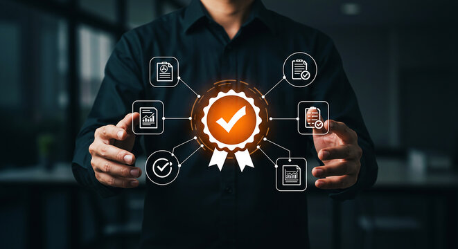 Man presenting digital quality assurance seal with checklist and document icons on dark background