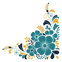Teal and Mustard Floral Corner Ornament in Folk Art Style

