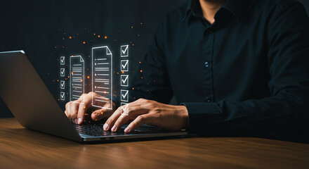 Man typing on laptop with digital checklist overlay against a dark background on a wooden surface