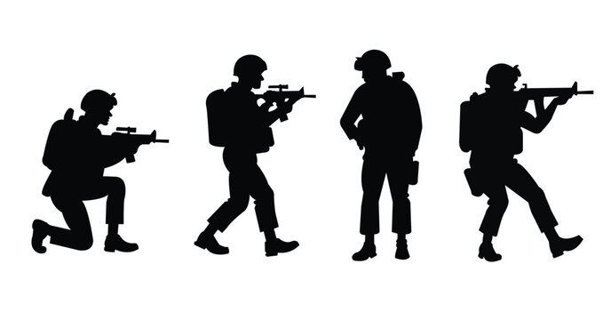 Army Soldiers with Rifles Silhouette Vector.  Military Combat and Tactical Action Poses Set