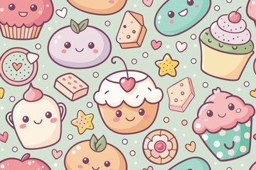 Adorable Kawaii Cupcakes and Sweets Seamless Pattern perfect for branding bakery logos designs and cute kawaii style projects