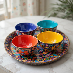 Colorful Hand-Painted Bowls on Ornate Tray: Vibrant Kitchen Decor .