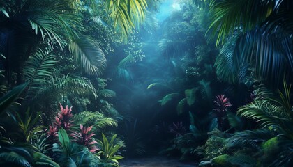 Lush Tropical Jungle with Exotic Flowers and Sunlight Rays – Dense Rainforest Nature Background
