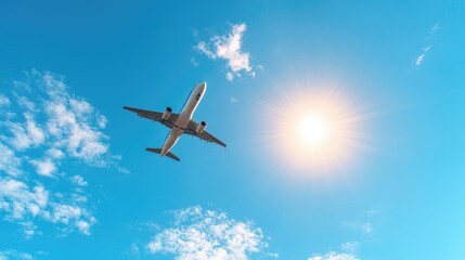 Fototapeta premium Airplane soaring through a vibrant blue sky filled with puffy white clouds, with a bright sun prominently featured