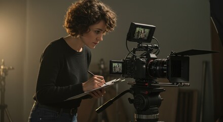 Woman operating a camera and taking notes in a studio setting with soft lighting and equipment