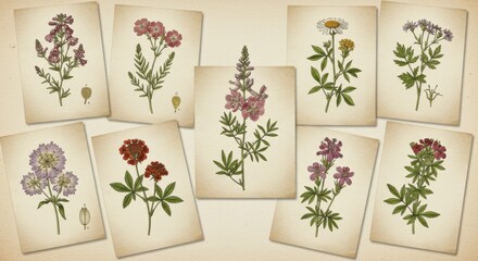 Fototapeta premium Botanical Study Antique floral illustrations on aged cards evoke vintage charm
