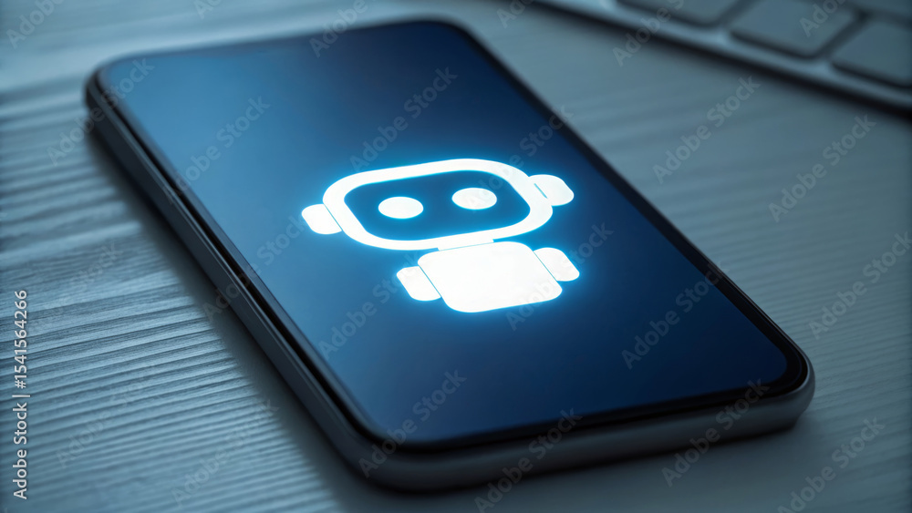 Poster robot icon smartphone technology artificial intelligence digital blue. ai support for remote teams w