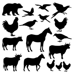 Collection of farm animals and birds silhouettes isolated on transparent background