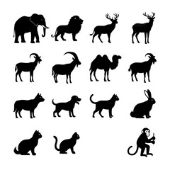 Collection of farm animals and birds silhouettes isolated on transparent background