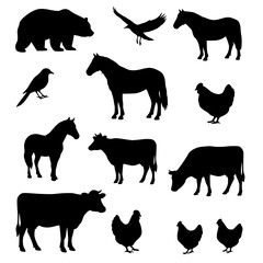 Collection of farm animals and birds silhouettes isolated on transparent background
