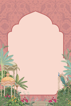 Traditional Mughal Wedding Frame with temple, palace, dome, peacock garden theme illustration