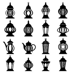 Collection of ornate hanging lanterns silhouette isolated on transparent background