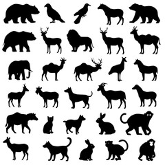 Collection of farm animals and birds silhouettes isolated on transparent background