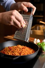 Male Hands Grating Cheese Over Skillet Baked