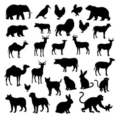 Collection of farm animals and birds silhouettes isolated on transparent background