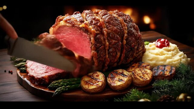 Slicing prime rib with sides