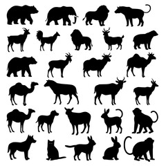 Collection of farm animals and birds silhouettes isolated on transparent background