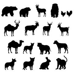 Collection of farm animals and birds silhouettes isolated on transparent background