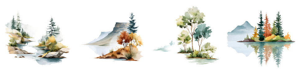 Serene watercolor landscape of a forested lake and mountains