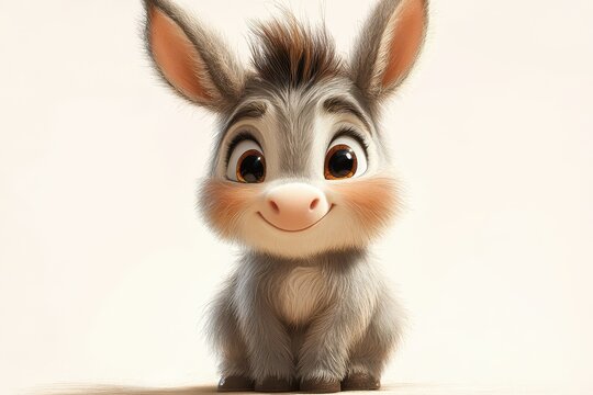 Cute animated donkey with big eyes and fluffy fur sits happily and smiles at the viewer in a light background