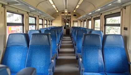 Empty train car interior, rows of blue seats