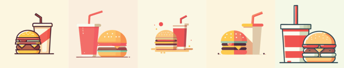 Burger and Soda Icon Set – Flat Minimalist Fast Food Vector Collection for Menu, Cafe, Restaurant, and Food Delivery Design