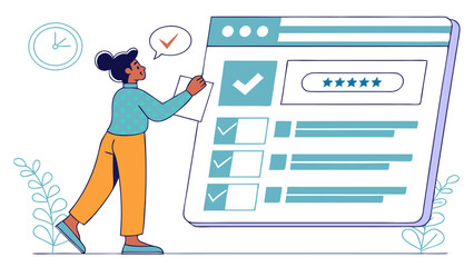 Woman completing a checklist on a large screen with a clock and plants in the background illustration
