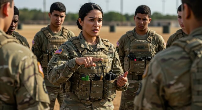 Military training session with a female instructor guiding soldiers in tactical gear outdoors