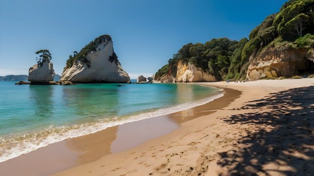 This breathtaking panoramic image of Cathedral Cove beach offers a rare and tranquil view of the iconic New Zealand coastline — completely empty and bathed in bright summer daylight. The golden sands, - Powered by Adobe