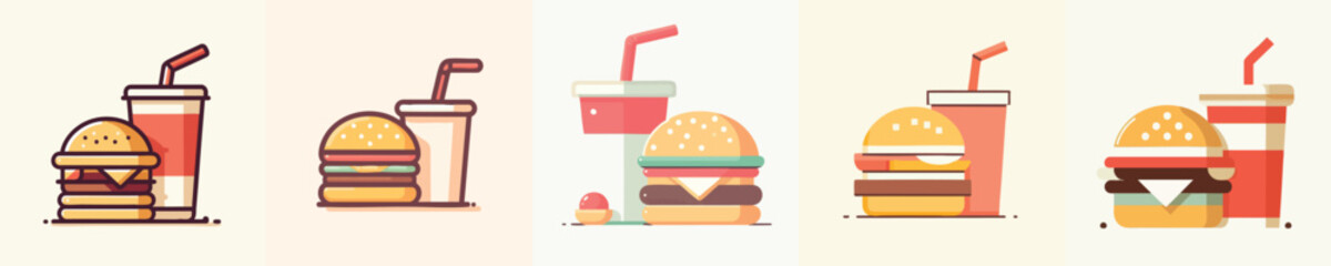Burger and Soda Icon Set – Flat Minimalist Fast Food Vector Pack for Cafe Menu, Restaurant, and Food Delivery Application Design