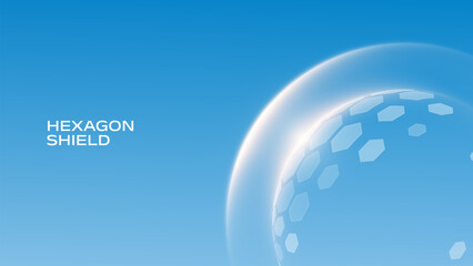 Glass transparent protection sphere shield. Sphere shield with hexagon pattern on blue background. Modern tech futuristic of bubble dome shield sphere with hexagon halftone pattern. © King Designz
