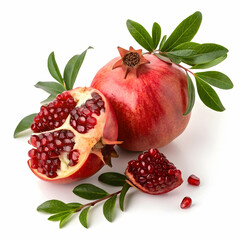 pomegranate with vibrant red skin and a juicy cut piece revealing shiny ruby seeds isolated on white background