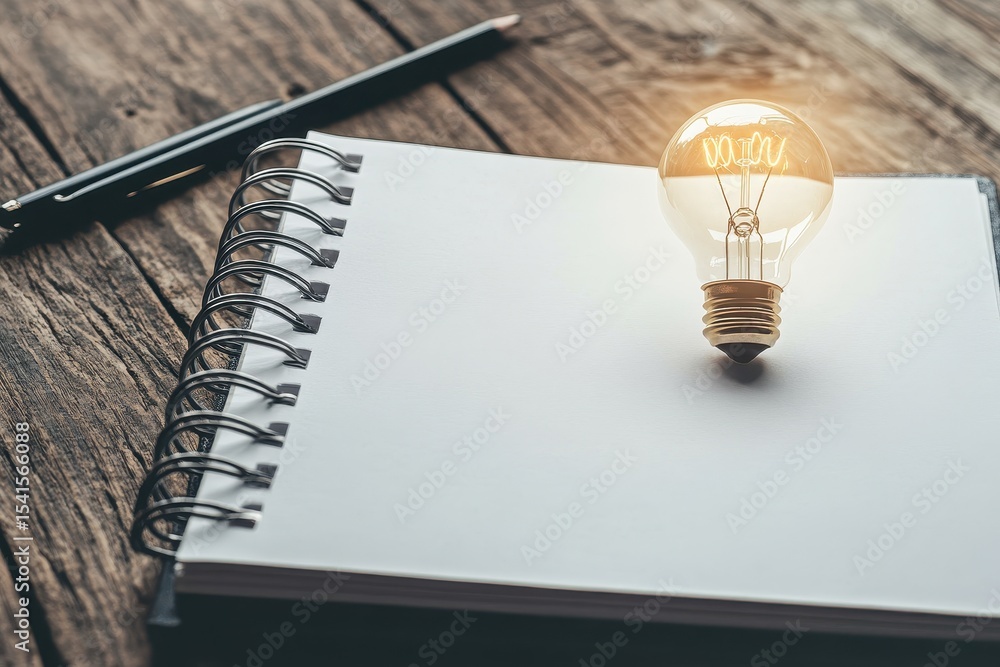 Poster light bulb placed on blank notebook surrounded by writing tools inspires creative ideas in a rustic 