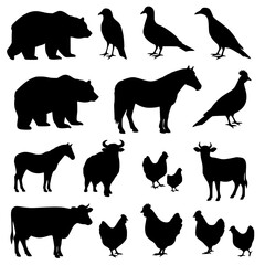 Collection of farm animals and birds silhouettes isolated on transparent background