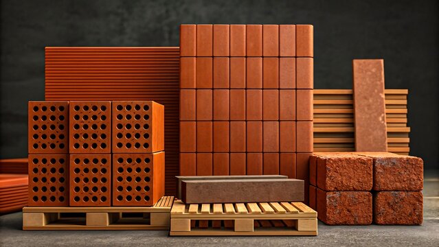 Stacked construction bricks and blocks against dark background, building materials concept
